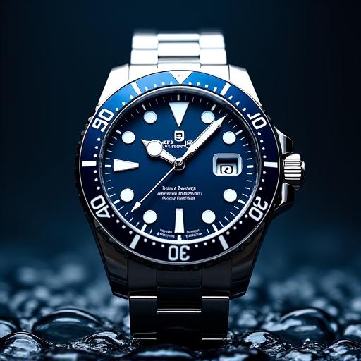 A professional diving watch with a steel bracelet and blue dial.