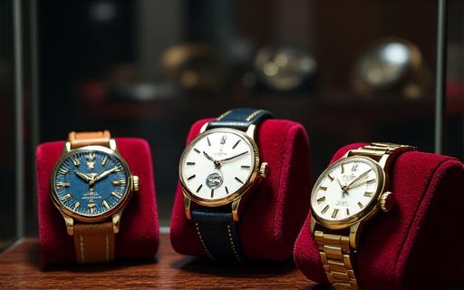 A collection of rare vintage watches displayed in a case.
